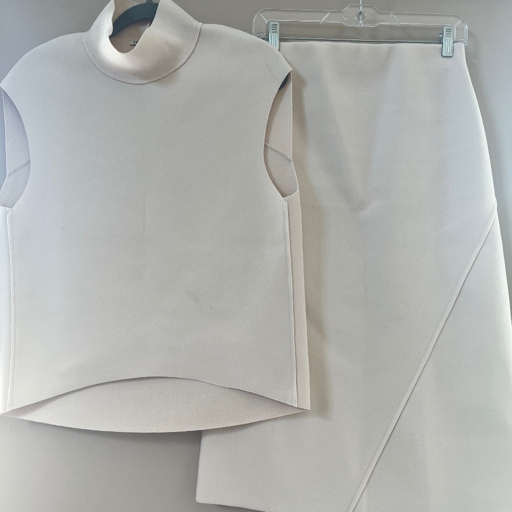 Zara Cocoon Top with Matching Asymmetric Midi Skirt, Size Small- Color Ecru